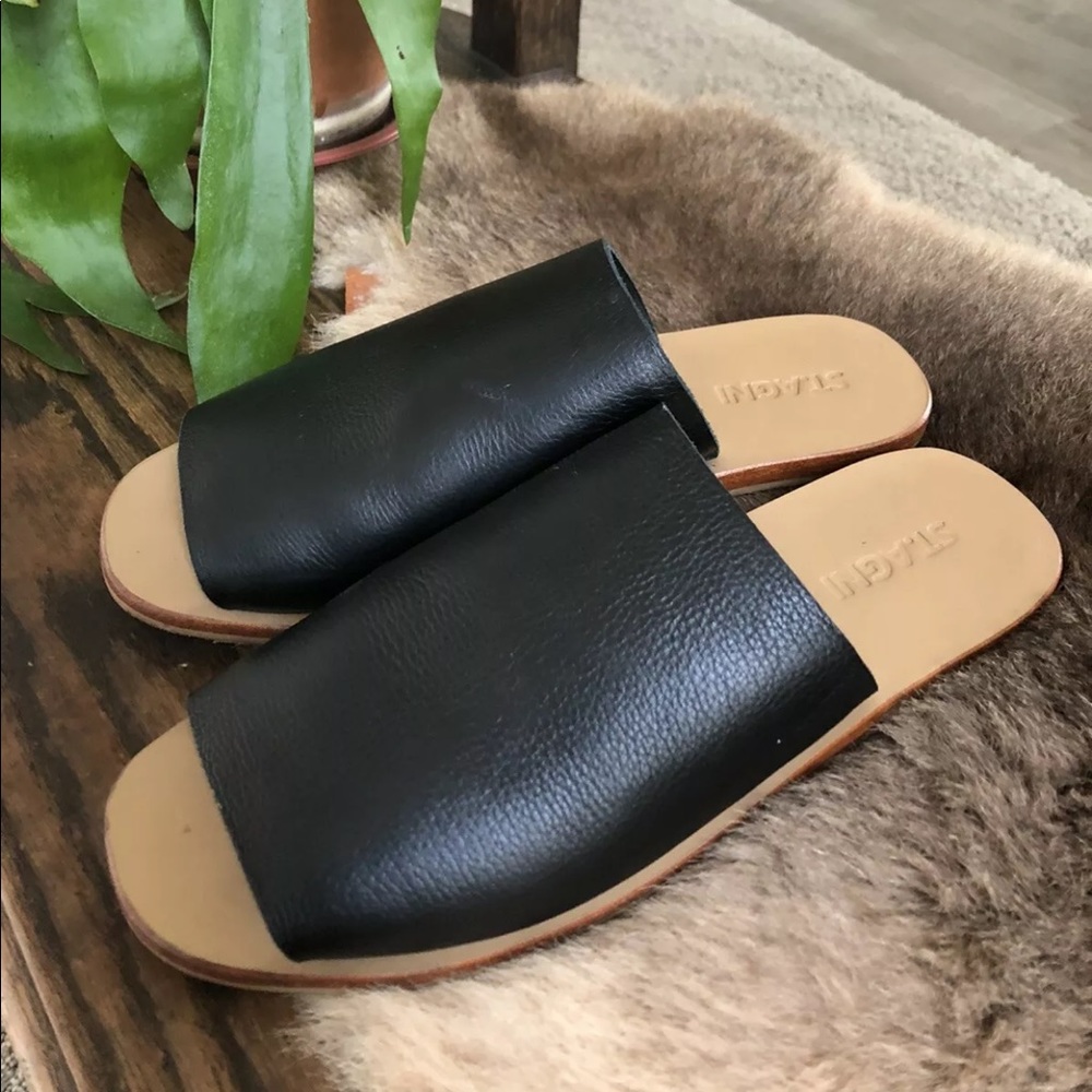 Black St. Agni Yuka LEATHER SLIDES FLAT SANDALS